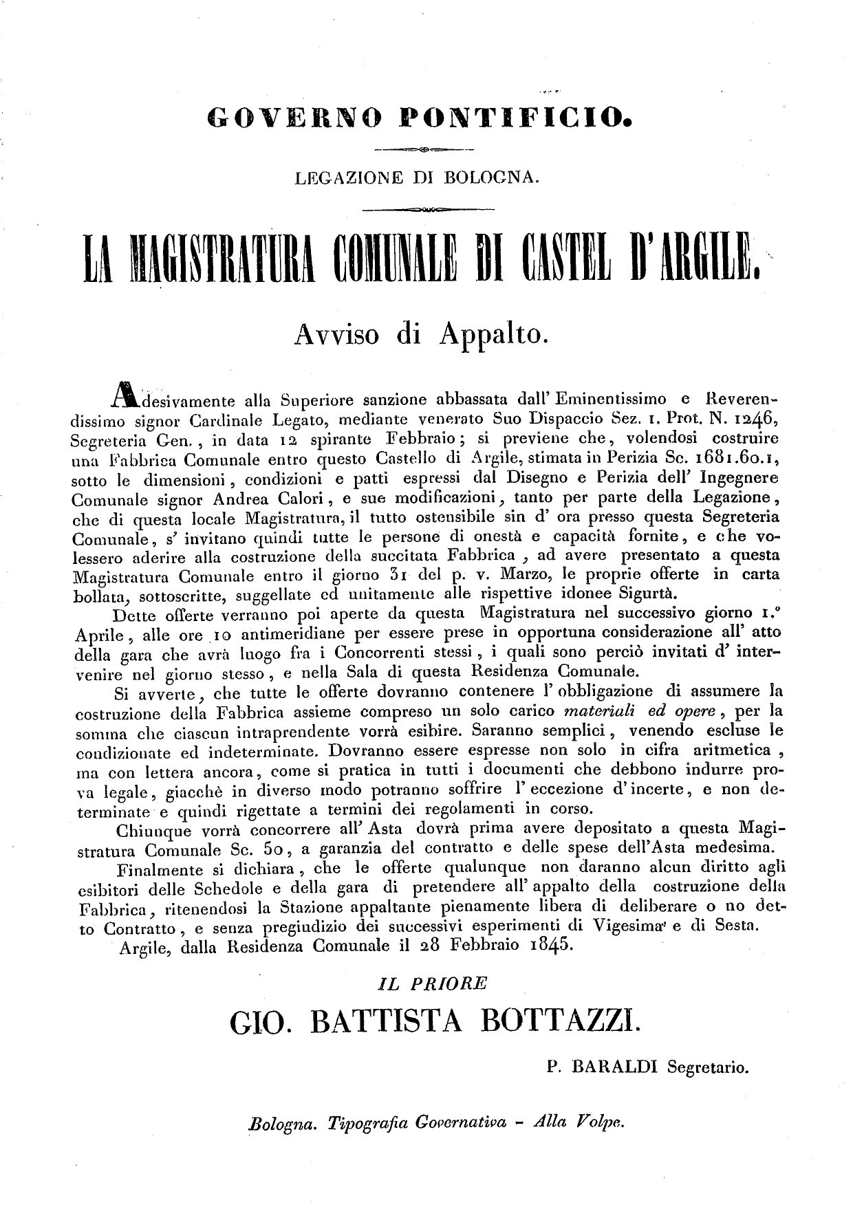 1. Appalto per la costruzione delle prime scuole comunali - 1845