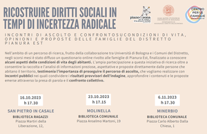 16,23/10 e 06/11/2023 Sedi diverse - Ricostruire diritti sociali in tempi di incertezza radicale. Incontri di ascolto e confronto su condizioni di vita, opinioni e proposte delle famiglie del Distretto Pianura Est